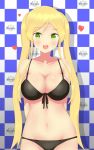  :d absurdres arms_behind_back azur_lane bangs bare_shoulders bikini black_bikini blonde_hair blue_background blush breasts checkered checkered_background cleavage collarbone copyright_name cowboy_shot eyebrows_visible_through_hair front-tie_bikini front-tie_top green_eyes groin heart highres hornet_(azur_lane) large_breasts logo long_hair looking_at_viewer navel open_mouth parted_bangs sidelocks smile solo step_and_repeat swimsuit teeth twintails white_background yuujoduelist 