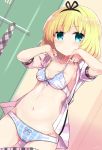  adjusting_bra adjusting_clothes aqua_eyes ass_visible_through_thighs blonde_hair blue_bra blue_panties blush bow bow_bra bow_panties bra breasts collarbone dutch_angle eyebrows_visible_through_hair gochuumon_wa_usagi_desu_ka? groin himarisu_(hida_mari) kirima_sharo looking_at_viewer navel necktie necktie_removed open_clothes open_shirt panties plaid_neckwear school_uniform short_sleeves signature skirt skirt_pull small_breasts solo sweatdrop underwear undressing 