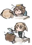  artist_name black_hair black_serafuku book book_on_head braid chair chibi closed_eyes commentary curse_(023) dated double_bun dress hair_bun hair_flaps hair_over_shoulder kantai_collection light_brown_hair michishio_(kantai_collection) multiple_girls object_on_head pinafore_dress remodel_(kantai_collection) school_uniform serafuku shigure_(kantai_collection) short_twintails simple_background sleeping stacking table twintails upper_teeth white_background zzz 