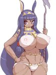  57mm animal_humanoid big_breasts blue_hair blush bra breasts brown_skin clothed clothing ear_piercing egyptian fate/grand_order fate_(series) female hair holding_object huge_breasts humanoid jewelry lagomorph mammal navel nipple_bulge nitocris_(fate/grand_order) open_mouth panties piercing purple_eyes rabbit_humanoid solo thick_thighs underwear voluptuous wide_hips 