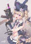  :d animal_ears animal_hat arm_up bangs black_gloves blonde_hair blue_hat blue_neckwear blue_ribbon blue_skirt blue_vest blush braid bunny_ears bunny_hat commentary_request dress_shirt fang fingerless_gloves girls_frontline gloves gun hair_between_eyes hair_ribbon hand_up hat holding holding_gun holding_weapon jacket long_hair looking_at_viewer navel necktie object_namesake open_clothes open_jacket open_mouth open_shirt peaked_cap pleated_skirt purple_eyes ribbon shirt short_necktie signature skirt smile smoke solo sr-3mp sr-3mp_(girls_frontline) standing trigger_discipline twin_braids twintails v-shaped_eyebrows very_long_hair vest weapon white_shirt yaosera 