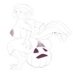  anal anal_penetration anthro avian big_breasts breasts crouching dewclawpaw female food fruit greyscale hand_on_butt huge_breasts looking_back monochrome nipples nude penetration pumpkin smile solo stretched_anus thick_thighs 