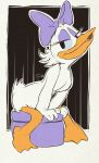  2018 anthro avian beak bird bow breasts daisy_duck disney duck edtropolis eyelashes eyeshadow feathers featureless_breasts female leaning leaning_forward makeup non-mammal_breasts nude sitting solo white_feathers 