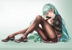  alternate_legwear aqua_eyes aqua_hair ascot black_legwear blush breasts brown_skirt eyebrows_visible_through_hair green_background green_eyes green_hair hair_between_eyes hair_ornament hairclip highres jacket kantai_collection large_breasts long_hair looking_at_viewer pantyhose pleated_skirt remodel_(kantai_collection) school_uniform shoes siki2046 sitting skirt smile solo suzuya_(kantai_collection) thighband_pantyhose vest 