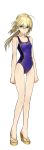  absurdres ahoge aqua_eyes artoria_pendragon_(all) blonde_hair competition_swimsuit expressionless fate/stay_night fate_(series) full_body high_heels highres long_hair long_legs official_art one-piece_swimsuit platform_footwear ponytail saber simple_background solo standing swimsuit wada_aruko wedge_heels white_background 
