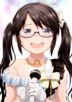  :d black_hair blue-framed_eyewear blue_eyes blush bow dated detached_collar fur_trim glasses gloves hair_bow highres holding holding_microphone idolmaster idolmaster_shiny_colors microphone mitsumine_yuika nagian open_mouth smile solo strap_slip striped striped_bow tearing_up twintails upper_body white_background white_bow white_collar white_gloves 