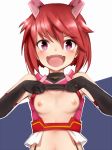  :d alice_gear_aegis bare_shoulders black_gloves blush breasts character_name clothes_writing elbow_gloves eyebrows_visible_through_hair fangs gloves hair_between_eyes highres himukai_rin jewelry looking_at_viewer nanashi_(user_hagu2878) nipples open_mouth pink_eyes red_hair ring shirt_lift small_breasts smile solo upper_body v-shaped_eyebrows 