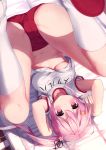  armpit_peek arms_up ass blue_hair blush breasts buruma character_name closed_mouth collarbone commentary_request ezoshika flower gradient_hair groin gym_uniform hair_flower hair_ornament hair_ribbon harusame_(kantai_collection) highres kantai_collection long_hair looking_at_viewer mat medium_breasts multicolored_hair name_tag navel pink_eyes pink_hair red_footwear ribbon shirt shirt_lift shoes short_sleeves side_ponytail smile socks solo stomach sweat underboob uwabaki white_legwear 