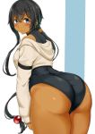  ass bare_shoulders black_hair black_leotard breasts commentary_request dark_skin from_behind frown highres leotard long_hair looking_at_viewer looking_back medium_breasts original solo thick_thighs thighs very_long_hair yuzu_lemon 