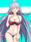  ahoge blue_background blush bra breasts cleavage collarbone commentary_request cowboy_shot granblue_fantasy hair_between_eyes large_breasts long_hair looking_at_viewer magaasha navel open_mouth panties purple_bra purple_panties side_braids silva_(granblue_fantasy) silver_hair solo thigh_gap underwear underwear_only very_long_hair yellow_eyes 