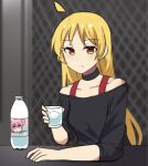  1girl ahoge bangs bar_(place) blonde_hair blurry bocchi_the_rock! bottle cameo choker collarbone commentary cup depth_of_field english_commentary english_text gotou_hitori highres hinghoi holding holding_cup ice ice_cube ijichi_seika leaning_on_table long_hair long_sleeves looking_at_viewer orange_eyes plastic_bottle sidelocks solo table water water_bottle 