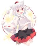  :d animal_ears commentary_request full_body geta highres inubashiri_momiji kibisake long_sleeves navel open_mouth ribbon-trimmed_sleeves ribbon_trim shirt short_hair skirt smile solo tabi tengu-geta touhou white_hair wide_sleeves wolf_ears 