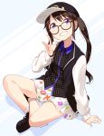  :d arm_support baseball_cap black-framed_eyewear black_footwear black_hair blue_collar blue_eyes blush dated full_body glasses hand_up hat houndstooth idolmaster idolmaster_shiny_colors jacket mitsumine_yuika nagian open_mouth simple_background sitting skirt smile socks white_legwear white_skirt 