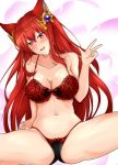  animal_ears anthuria black_panties blush bra breasts cleavage collarbone commentary_request erune granblue_fantasy hair_ornament head_tilt large_breasts long_hair looking_at_viewer magaasha navel open_mouth panties red_bra red_eyes red_hair sitting solo spread_legs underwear underwear_only w 