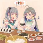  :o :q ahoge apron black_ribbon blue_hair bow bowl bowtie brown_eyes colis commentary food fruit grey_eyes grey_hair hair_between_eyes hair_ribbon kantai_collection kasumi_(kantai_collection) kiyoshimo_(kantai_collection) long_hair multicolored_hair multiple_girls name_tag neck_ribbon nori_(seaweed) ohitsu onigiri open_mouth plate red_ribbon remodel_(kantai_collection) ribbon rice rice_spoon side_ponytail sleeves_pushed_up tongue tongue_out translated twitter_username umeboshi very_long_hair you're_doing_it_wrong 