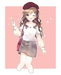  1girl 417_(ionxx417) :3 ;d absurdres bag bang_dream! bangs beret blush border brown_hair brown_hat cropped_legs earrings fur_sleeves grey_eyes grey_skirt hand_up hat highres imai_lisa jewelry long_hair long_sleeves looking_at_viewer nail_polish one_eye_closed open_mouth outline paw_pose pencil_skirt pink_background pink_nails shirt shoulder_bag skirt smile solo wavy_hair white_border white_outline white_shirt 