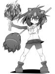  &gt;:) animal_ears antenna_hair arm_behind_head arm_up ass_visible_through_thighs bare_legs bear_ears bear_girl bear_paw_hammer bike_shorts bow bowtie brown_bear_(kemono_friends) chibi closed_mouth collared_shirt eyebrows_visible_through_hair fire floating_hair full_body greyscale hair_between_eyes hand_up highres holding holding_torch holding_weapon impossible_clothes impossible_shirt kemono_friends long_sleeves looking_at_viewer medium_hair microskirt monochrome moyachii outstretched_arm shirt shoes short_over_long_sleeves short_sleeves shorts shorts_under_skirt simple_background skindentation skirt smile solo standing torch v-shaped_eyebrows weapon wing_collar 