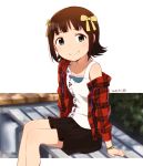 amami_haruka bench black_skirt bow brown_hair day green_eyes hair_bow idolmaster idolmaster_(classic) looking_at_viewer nagian outdoors plaid plaid_shirt red_shirt shirt short_hair sitting skirt smile solo unbuttoned unbuttoned_shirt watch white_shirt wristwatch yellow_bow 