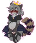  2018 alpha_channel anthro blush bowsette_meme breasts brown_eyes clothing female fur grey_fur grey_hair hair inuki mammal navel procyonid raccoon simple_background super_crown torn_clothing transparent_background 