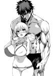  1girl :o asanagi blush boxers breasts fang hair_between_eyes highres huge_breasts monochrome muscle open_mouth sakurai_shinichi short_hair swimsuit underwear uzaki-chan_wa_asobitai! uzaki_hana veins 