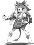  :d animal_ears bangs belt bodystocking boots extra_ears eyebrows eyebrows_visible_through_hair fang full_body giraffe_ears giraffe_horns giraffe_print greyscale high-waist_skirt highres kemono_friends long_hair long_sleeves monochrome moyachii multicolored_hair open_mouth outstretched_arm outstretched_hand pointing pointing_at_viewer print_skirt reticulated_giraffe_(kemono_friends) scarf shirt short_over_long_sleeves short_sleeves simple_background skirt smile solo standing tail 