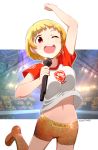  ;d arm_up boots breasts brown_eyes fukuda_noriko highres holding holding_microphone idolmaster idolmaster_million_live! indoors looking_at_viewer medium_breasts microphone nagian navel one_eye_closed open_mouth orange_footwear orange_shorts photo_background shirt short_hair short_shorts shorts smile solo t-shirt thigh_boots thighhighs 