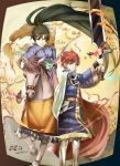  1girl blue_eyes bow_(weapon) breasts cape commentary_request cosplay durandal_(fire_emblem) eliwood_(fire_emblem) eliwood_(fire_emblem)_(cosplay) fire_emblem fire_emblem:_fuuin_no_tsurugi fire_emblem:_rekka_no_ken fire_emblem_heroes green_eyes green_hair headband high_ponytail horse horseback_riding large_breasts long_hair lyndis_(fire_emblem) mother_and_son ponytail red_hair riding roy_(fire_emblem) shoochiku_bai sword very_long_hair weapon 