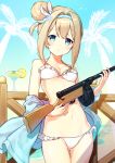  absurdres ass_visible_through_thighs beach bikini blue_eyes blush breasts brown_hair cocktail_glass collarbone cona_kinaco cup drink drinking_glass eyebrows_visible_through_hair food frilled_bikini frills fruit girls_frontline gun hair_bun hairband halterneck head_tilt highres holding holding_gun holding_weapon jacket lemon lemon_slice looking_at_viewer medium_breasts navel palm_tree parted_lips silhouette solo standing submachine_gun suomi_kp/-31 suomi_kp31_(girls_frontline) swimsuit tree water weapon white_bikini 