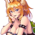  armlet bare_shoulders blonde_hair blue_eyes bowsette bracelet breasts cleavage collar commentary_request crown eyebrows_visible_through_hair highres horns jewelry large_breasts looking_at_viewer mario_(series) mikannsisyou new_super_mario_bros._u_deluxe pointy_ears sharp_teeth short_hair simple_background solo spiked_armlet spiked_bracelet spiked_collar spikes super_crown teeth upper_body white_background 