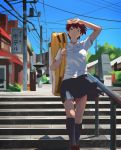  aragaki_nagisa bag brown_hair c.x.c collared_shirt hanebado! school_uniform shirt short_hair skirt solo spiked_hair stairs telephone_pole uniform 