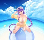 absurdres backwards_hat bangs bare_shoulders baseball_cap bb_(fate)_(all) bb_(swimsuit_mooncancer)_(fate) bikini blue_sky blush braid breasts cait cleavage closed_mouth cloud collarbone day fate/grand_order fate_(series) hand_gesture hand_up hat highres horizon huge_filesize jacket large_breasts licking_lips long_braid long_hair looking_at_viewer midriff navel ocean off_shoulder one_eye_closed paid_reward patreon_reward shirt sideways_hat sitting skirt sky smile solo star_hat_ornament swimsuit thighs tongue tongue_out v very_long_hair wariza white_bikini_top white_footwear yellow_jacket yellow_skirt 