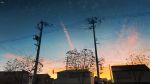  artist_name banishment blue_sky building cloud highres no_humans original outdoors power_lines scenery signature silhouette sky sunset tree 