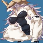  anthro anthrofied armor big_breasts blue_background breasts claws crouching female fur hair helmet long_hair muscular muscular_female nintendo open_mouth pok&eacute;mon pok&eacute;mon_(species) red_eyes samurott simple_background slightly_chubby solo torushitakara video_games white_fur white_hair 