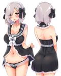  absurdres alternate_costume ass black_dress black_panties blue_eyes blush breasts collarbone cowboy_shot dress dress_lift embarrassed enmaided frilled_panties frills from_behind hair_ornament hair_over_one_eye hairclip hamakaze_(kantai_collection) highres impossible_clothes kantai_collection large_breasts looking_at_viewer maid multiple_views navel panties sailor_collar sarfata short_hair silver_hair simple_background underwear white_background 