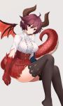  ahoge asymmetrical_arms black_legwear blouse breasts commentary_request corset dragon_girl dragon_horns dragon_tail dragon_wings granblue_fantasy grea_(shingeki_no_bahamut) hair_between_eyes head_tilt highres horns jacket jacket_removed large_breasts light_blush light_smile looking_at_viewer no_shoes plaid plaid_skirt pointy_ears purple_hair red_eyes shingeki_no_bahamut short_hair skirt solo tail takitsubo thighhighs torn_blouse torn_sleeve white_blouse wings 