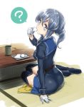  ? ass black_legwear blue_eyes blue_hair blue_jacket blue_skirt breasts commentary_request cup eating eyebrows_visible_through_hair food gloves gotland_(kantai_collection) hair_between_eyes hair_bun highres hisasi jacket kantai_collection long_hair long_sleeves looking_at_viewer military military_jacket military_uniform miniskirt mole mole_under_eye plate simple_background sitting skirt small_breasts solo table tatami thighhighs uniform white_background white_gloves yunomi 