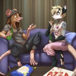  2018 5_fingers anthro barefoot blind_eye blonde_hair brown_fur brown_hair clothed clothing detailed_background digital_media_(artwork) duo fur hair male mammal marsupial open_mouth opossum sitting ticl 
