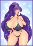  1girl akiranime bikini breasts cleavage curvy eiken erect_nipples female food huge_breasts long_hair looking_at_viewer misono_kirika open_mouth ponytail popsicle purple_eyes purple_hair shiny smile solo standing swimsuit tongue tongue_out very_long_hair wide_hips 