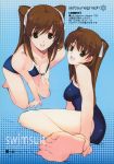  absurdres arm_support bangs bare_shoulders barefoot breasts brown_eyes brown_hair cleavage collarbone eyebrows_visible_through_hair feet fingernails full_body highres kneeling looking_at_viewer medium_breasts mibu_natsuki ogiso_setsuna one-piece_swimsuit open_mouth scan shiny shiny_clothes shiny_hair simple_background smile soles solo swimsuit toes white_album_2 