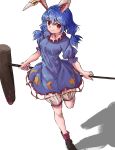  absurdres animal_ears bangs bloomers blue_dress blue_hair bunny_ears closed_mouth crescent dress eyebrows_visible_through_hair frilled_dress frills hair_between_eyes highres holding leg_up long_hair low_twintails mallet nob1109 puffy_short_sleeves puffy_sleeves red_eyes seiran_(touhou) shadow short_sleeves simple_background smile solo star touhou twintails underwear white_background white_bloomers 