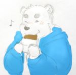  2018 anthro bear blush clothing eating eyes_closed food fur hoodie male mammal maron2475 overweight overweight_male polar_bear shirane_kan solo utau white_fur 