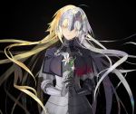  antenna_hair armor armored_dress bangs black_background blonde_hair breasts capelet chain closed_eyes closed_mouth commentary corruption dark_persona english_commentary facing_viewer fate/grand_order fate_(series) flower gauntlets grey_hair head_tilt headpiece highres holding holding_flower jeanne_d'arc_(alter)_(fate) jeanne_d'arc_(fate) jeanne_d'arc_(fate)_(all) light_brown_hair long_hair medium_breasts multicolored_hair paranoia_www pink_lips purple_capelet simple_background split_theme two-tone_hair underbust very_long_hair 