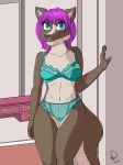  2018 absurd_res alternate_version_at_source amber_(predation) anthro barely_visible_genitalia barely_visible_pussy blue_bottomwear blue_eyes blue_topwear bra brown_body brown_fur butt_from_front canine clothed clothing dressari female front_view fully_clothed fur hair hi_res inside lingerie mammal midriff multicolored_body multicolored_fur navel panties pink_hair purple_hair pussy sheer_clothing solo standing tan_body tan_fur translucent transparent_clothing two_tone_body two_tone_fur underwear wolf 
