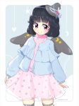  bang_dream! bangs black_hair black_hat black_wings blue_jacket blue_ribbon blush crescent flower frilled_jacket hair_flaps hat hat_flower hat_ribbon jacket long_sleeves md5_mismatch pink_flower pink_skirt pink_sweater polka_dot_skirt purple_eyes ribbon ringosutta short_hair skirt skirt_hold smile solo star sweater turtleneck turtleneck_sweater ushigome_rimi watermark web_address wings witch_hat 