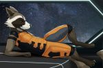  anthro clade clothing guardians_of_the_galaxy hindpaw looking_at_viewer lying male mammal marvel on_back paws procyonid raccoon rocket_raccoon sky smile solo space 