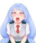  :p blue_eyes blue_hair blush boku_no_hero_academia breasts hadou_nejire half-closed_eyes highres large_breasts long_hair looking_at_viewer naughty_face open_mouth pleated_skirt school_uniform short_sleeves shpo simple_background skirt solo tongue tongue_out u.a._school_uniform upper_body very_long_hair white_background 