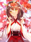  :3 autumn bangs bare_shoulders blurry blurry_background bright_pupils brown_hair bunching_hair closed_mouth commentary_request depth_of_field detached_sleeves dhfz181 flower hair_flower hair_ornament hakama hand_up head_tilt japanese_clothes kimono light_rays long_hair long_sleeves obi original pink_lips red_flower red_hakama red_ribbon ribbon sash smile solo sunbeam sunlight tassel upper_body white_flower white_kimono wide_sleeves yellow_eyes 
