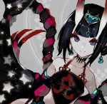  bare_shoulders black_hair bob_cut choker collarbone commentary dudou earrings eyeshadow fate/grand_order fate_(series) gourd halloween headpiece horns jewelry kusakanmuri looking_at_viewer makeup oni oni_horns purple_eyes revealing_clothes rope short_eyebrows shuten_douji_(fate/grand_order) shuten_douji_(halloween)_(fate) solo star star_print 