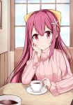  acchii_(akina) alternate_costume bow coffee commentary_request cup flower hair_bow hair_flower hair_ornament hand_on_own_face highres kamikaze_(kantai_collection) kantai_collection long_hair looking_at_viewer pink_eyes pink_sweater purple_hair ribbed_sweater smile solo sweater teacup upper_body window yellow_bow 