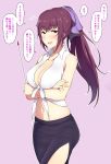  arms_under_breasts bangs breasts cleavage commentary_request fate/grand_order fate_(series) highres large_breasts long_hair looking_at_viewer navel nori_gorou pink_background pointer ponytail purple_hair red_eyes scathach_(fate)_(all) scathach_skadi_(fate/grand_order) shirt simple_background skirt sleeveless smile solo tied_shirt translation_request 